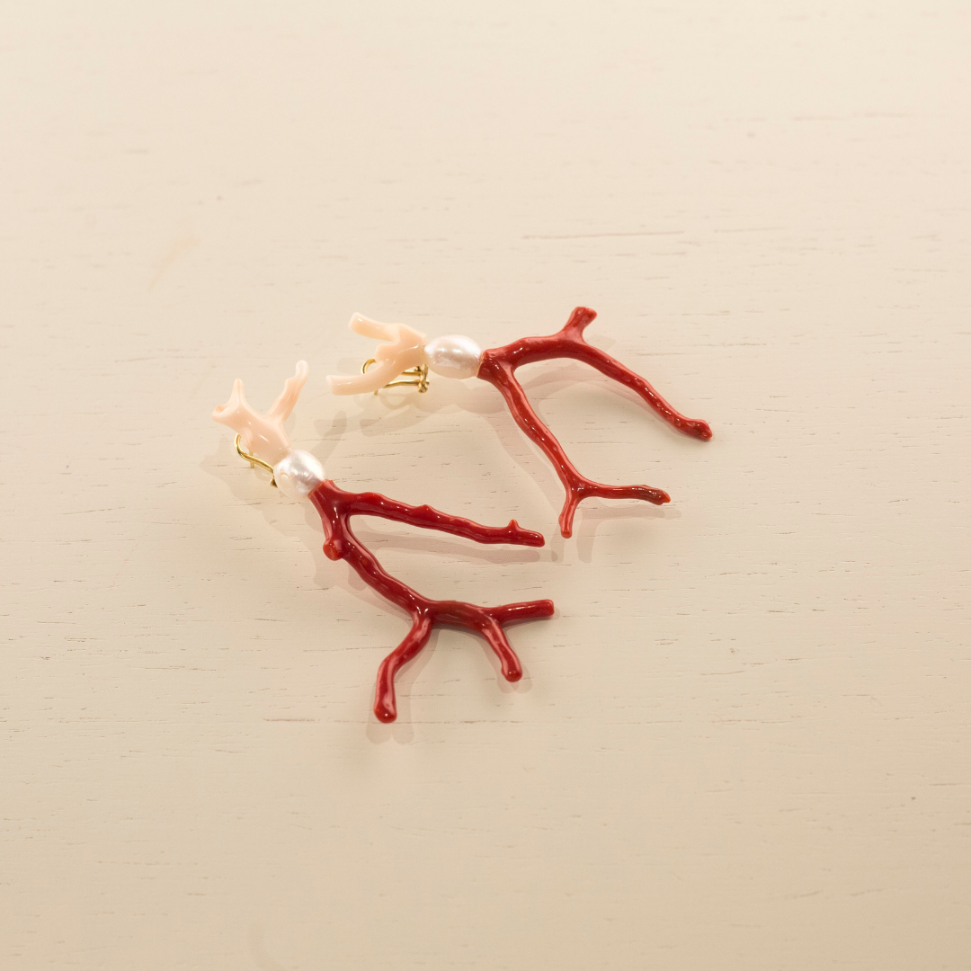 Orecchn corallo rosso naturale del medterraneo e perle pasta d